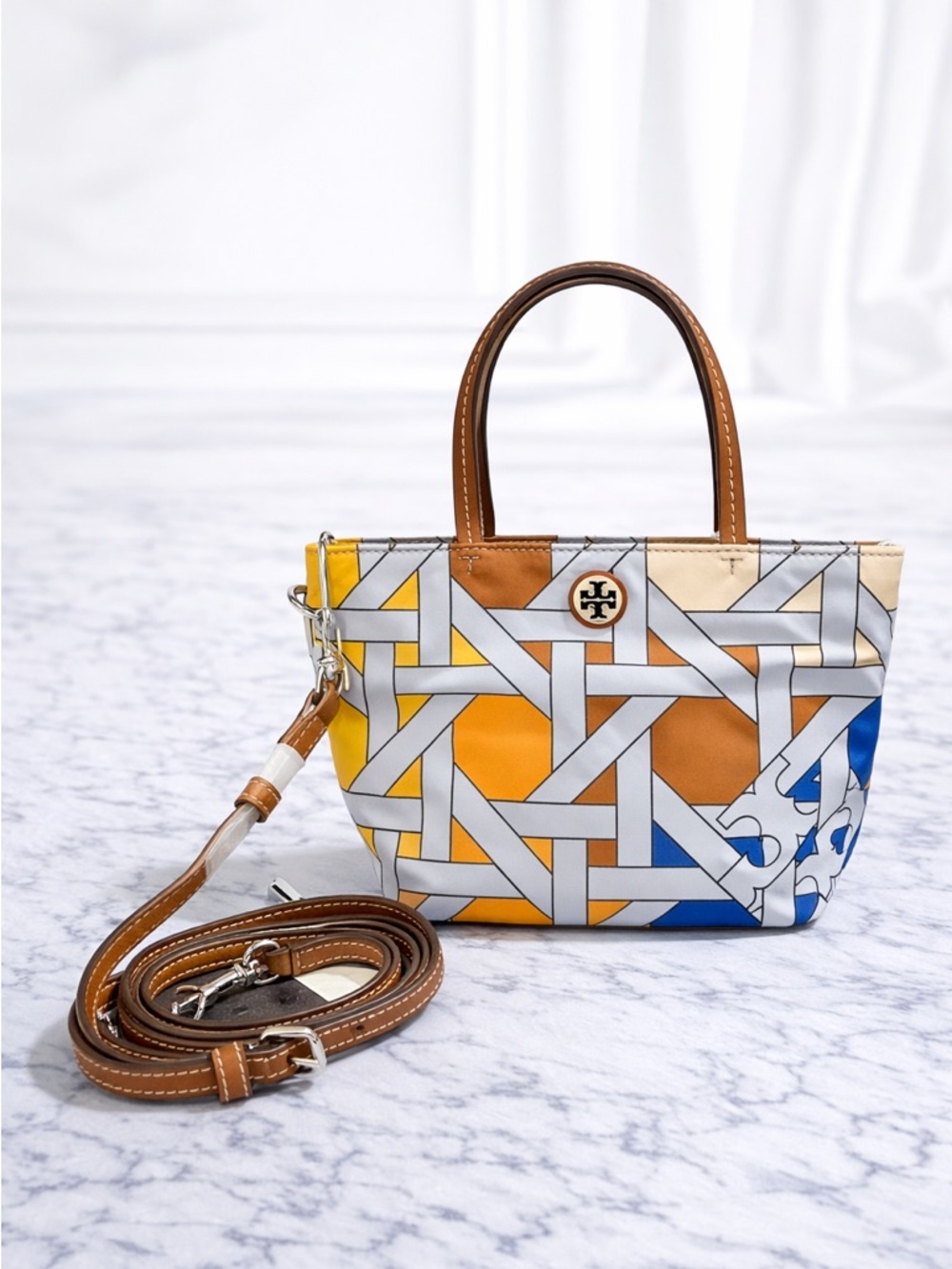 NYLON PRINTED MINI TOTE IN BLUE BASKETWEAVE